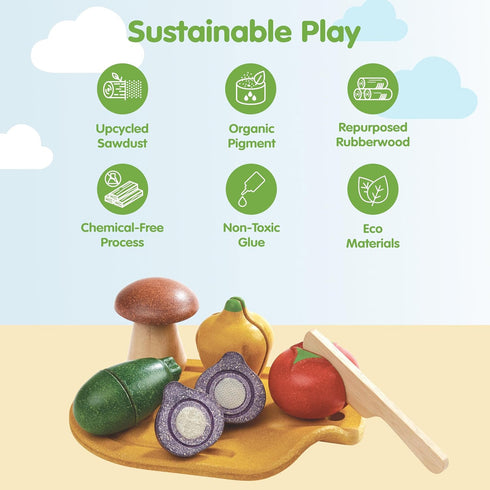 Set PlanToys Wooden Assorted Vegetable | Montessori Play Food for Toddlers | Includes Tomato, Mushroom, Shallot, Bell