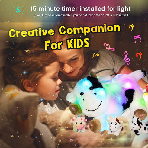 Hopearl LED Musical Stuffed Cow Playset, Singing Plush Toy with 3 Baby Cows, Adjustable Volume Lullaby.