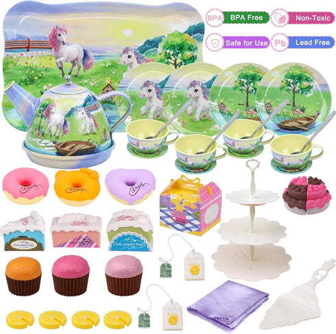 Set Girls,50PCS Playsets,Teapot 3 4 5 6 Tea Party for Little Princess Horse Tea Time Toy Including Food Sweet Treats