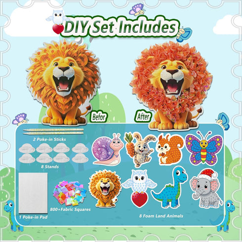 mom&myaboys 4-8 Poke A Dot Art Kit - Animals Theme with Snail, Lion, Owl, Squirrel, Butterfly | No-Mess Sewing Craft
