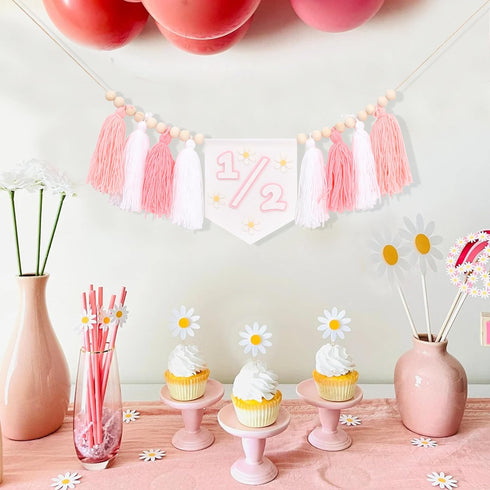 1/2 Tassels,6 Daisy Birthday High Chair Banner - Girls Half Birthday Party Decorations,Boho Daisy Highchair Banner