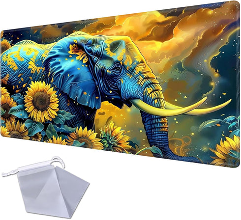 Elephant in Sunflower Field Premium Stitched Playmat for MTG & TCG, Colorful Thick Cloth Fabric, Rubber Bottom for