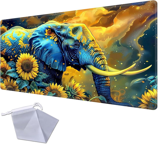 Elephant in Sunflower Field Premium Stitched Playmat for MTG & TCG, Colorful Thick Cloth Fabric, Rubber Bottom for