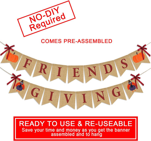 Friendsgiving Banner Burlap, Thanksgiving Decorations, Rustic Turkey Pumpkin Bunting for Party Supplies and Decor