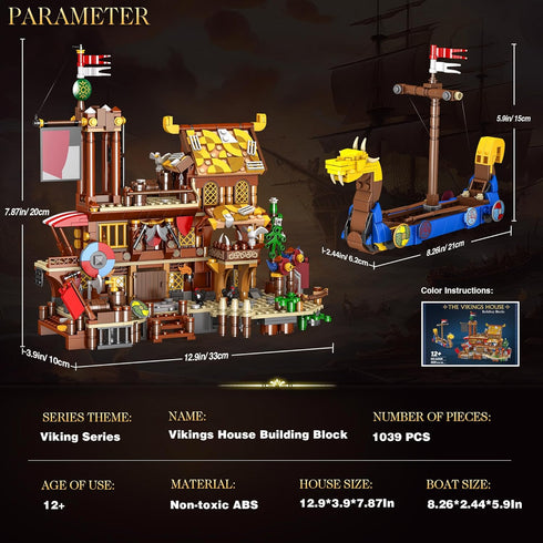 Viking Pirate Ship House Building Block | Medieval Village Set with Dragon Head Ship (1039 Pcs)