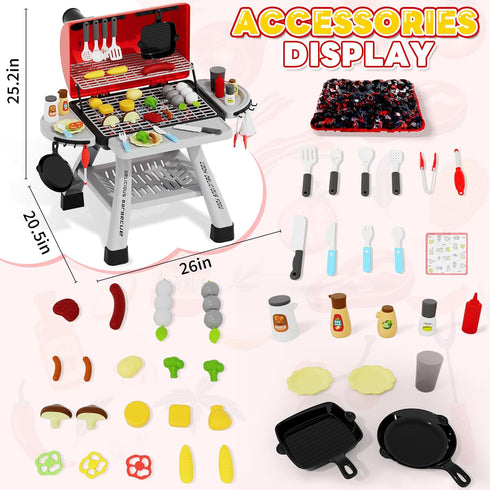 Toy BBQ Grill Set for Kids, Kitchen Toy Set with Smoke, Sound & Light for Outdoor Cooking Play