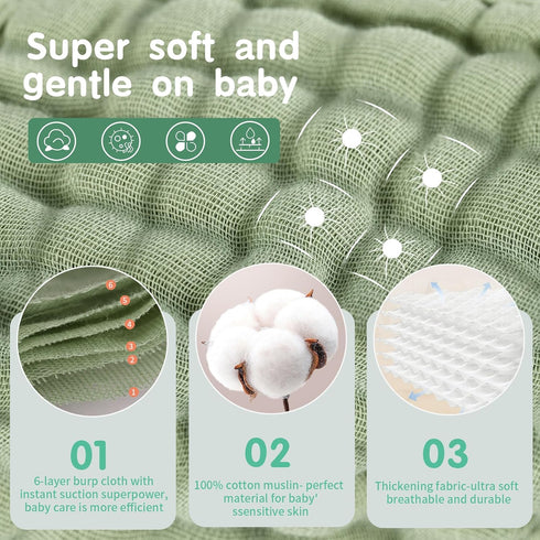 Fhealkid Sets 100% 10 Pack 20" 10",6-Layer Muslin Burp Cloths Newborn Baby Boy Essentials Must Haves Cotton X Baby Bibs