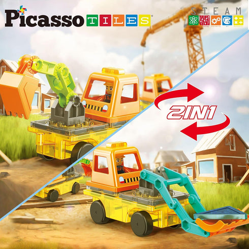 2-in-1 Playset 3+ PTU04 PicassoTiles Magnet Tiles Building Block Excavator & Backhoe Brick Compatible Construction