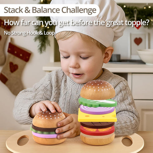 Set 26 3+, 3-8 Pillowhale Wooden Play Food for Kids - Pcs Hamburger Pretend Play Food with Fries & Drinks, Montessori