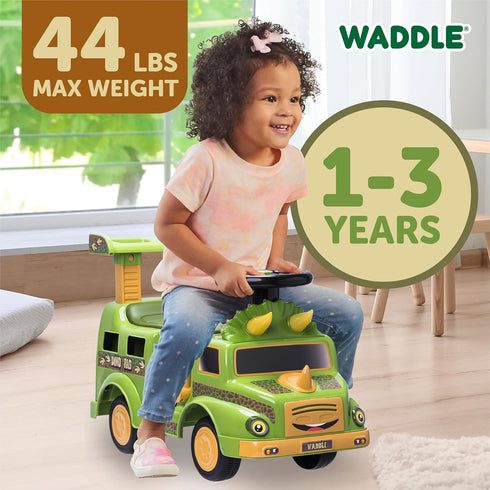 WADDLE Dinosaur Ride On Cars for Toddlers 1-3 - Dino Rig Transporter with 2 Monster Rigs, Lights, and Sound