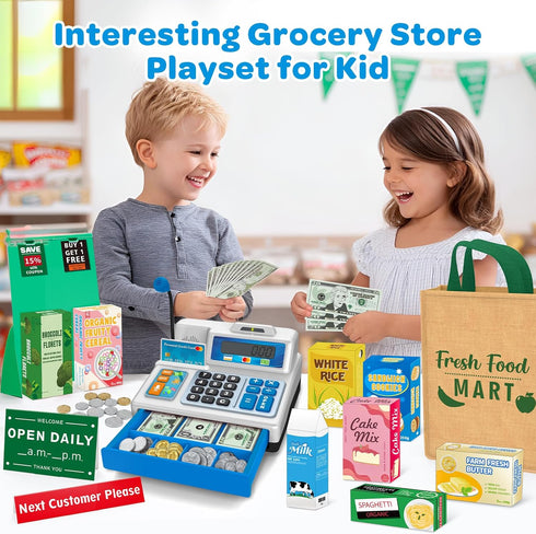 120 Playset Cash Register Toy for Kids, Pcs Grocery Store with Credit Card, Grocery Boxes, Microphone, Calculator Cash