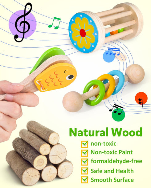 Playset, Coogam Wooden Musical Instruments for Toddlers, Tambourine Xylophone Castanet Flute Maracas Wood Percussion