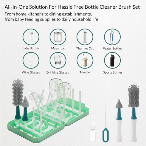 Set 16 Set Portable Baby Bottle Brush with Multiple Brushes,Soap Dispenser, Foldable Bottle Drying Rack for Bottles