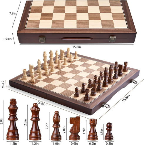 15'' Set Package, Set AMEROUS Magnetic Wooden Chess for Adults Kids - with Folding Board, Gift Pieces Storage Slots