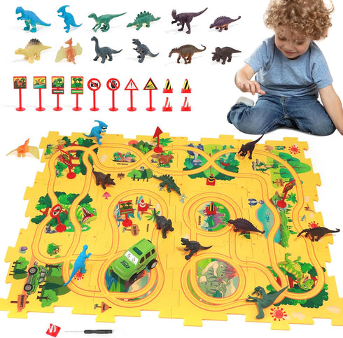 Puzzle Track Car Play Set with 12 Dinosaur Figures, Plastic Railcar Floor