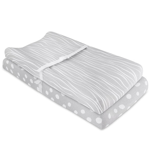 Changing Pad Cover Set - Cradle Sheet 2 Pack, 100% Jersey Cotton Grey Abstract Stripes and Dots by Ely's & Co