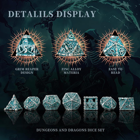 D&D Dice Set, Hollow Blue White Metal Grim Reaper Dice of 7 Piece, Polyhedral DND Dice for Table Game MTG or RPG