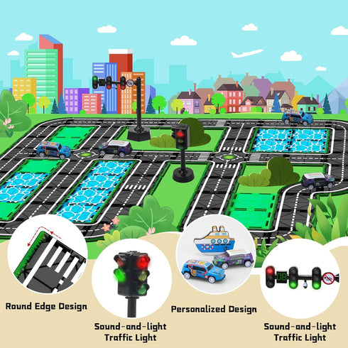 Set Pullback Set 3-5 4-8 5-7,Preschool Magnetic Tiles Road with Car & Magnet Ship,Traffic Themed Magnetic Building
