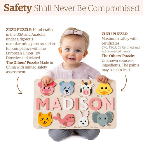 1-3 12 1st Zuzu Puzzle Personalized Name Puzzle for Toddlers | Safari, Farm & Themes | Handmade Wooden Montessori Toy