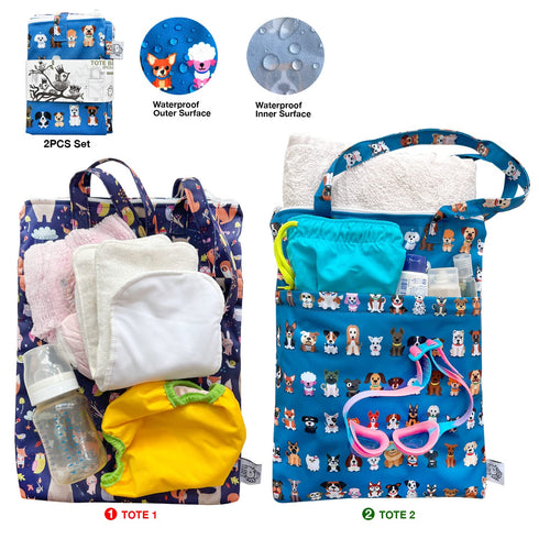 2pcs FLOCK THREE Wet Dry Bag Waterproof Tote Reusable Wet Clothes Baby Diapers Stroller Swimsuit Travel Small Larger