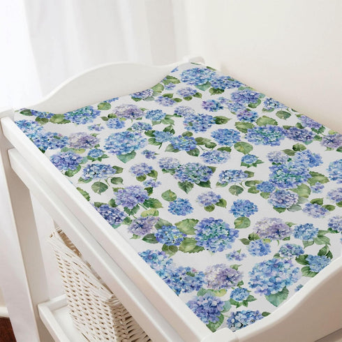 Watercolor Blue Hydrangea Floral Changing Pad Covers, Soft Breathable Fitted Diaper Change Table Mats 32''x16''