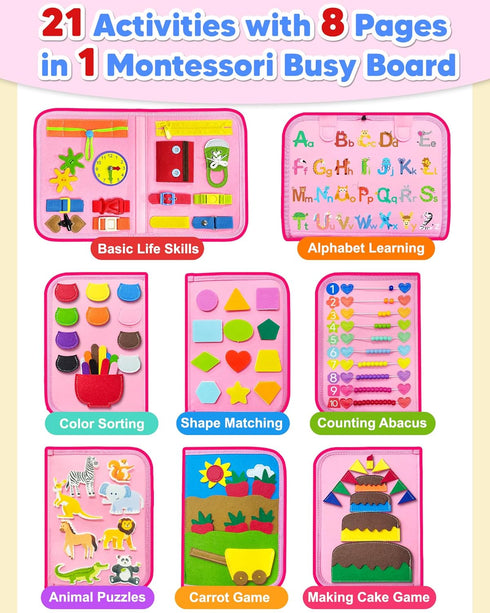 Exorany Busy Board Montessori Toys for Toddler Girl Birthday Gifts, Busy Book Sensory Learning Toys for Toddlers