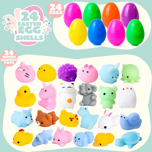 24 JOYIN Pcs Easter Prefilled Eggs with Mochi Squishy Toys, Kawaii Stress Reliever Squishy Toy for Easter Theme Egg