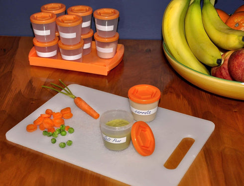 Baby Food Storage Containers w Write What You Want Lids (12 Pk)- 2oz Reusable, Stackable, Leakproof Plastic Jars w Tray- Freezer, Microwave & Dishwasher Safe- BPA/PVC Free- Orange
