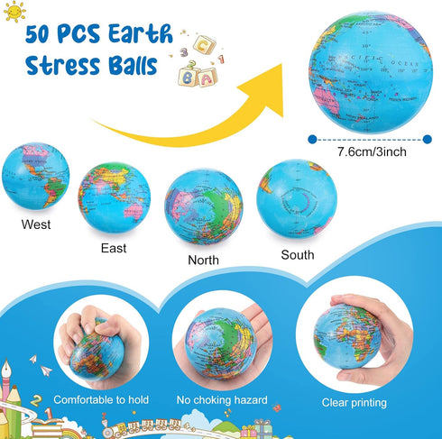 50 Pcs Globe Stress Balls - 3 Inch Mini World Stress Balls for Educational Classroom Party Favors