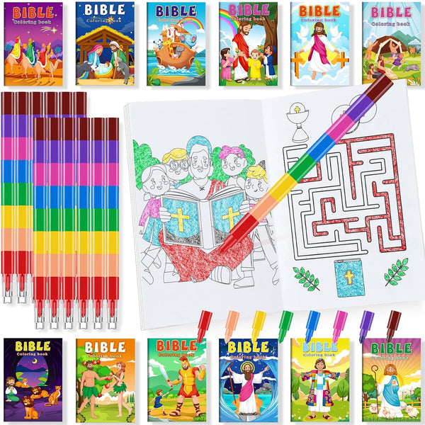 BenLouis 24 Christian Mini Coloring Books Kids with 24 Stacking Crayons Bible