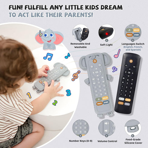 Toddler Remote Control Toy with Elephant Silicone Cover - Educational Musical Baby Toy with Lights and Sounds