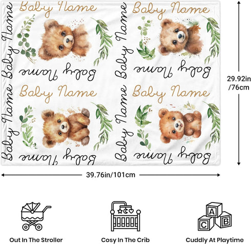 Novusopt 30x40 Custom Baby Blanket with Name, Personalized Bear Blanket for Girl Boy, Kids Swaddle Blanket