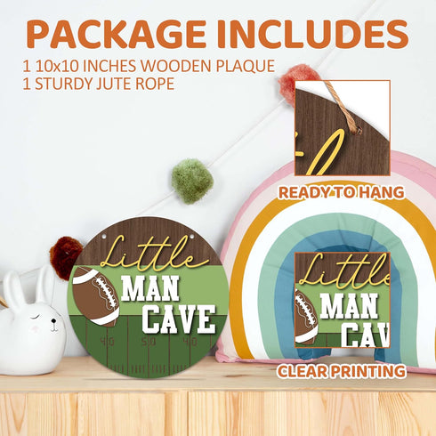 10x10 Inch Sign-D01 Little Man Cave Sign for Boys, Baby Boy Nursery Decor, Kids Room Football Door Hanger, Wooden Round