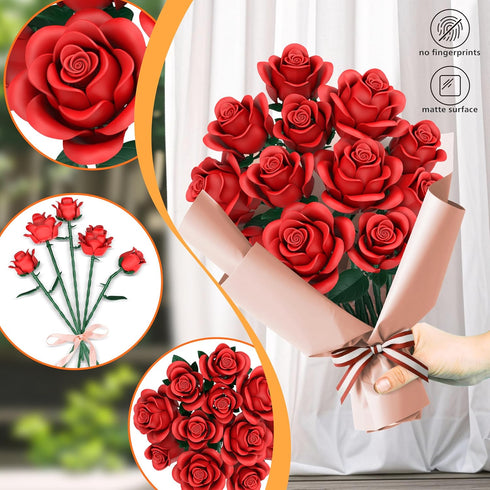 QIFUN Sets, 670Pcs Red Roses Flower Bouquet Building Artificial Flowers Building Blocks Compatible with Lego Flowers