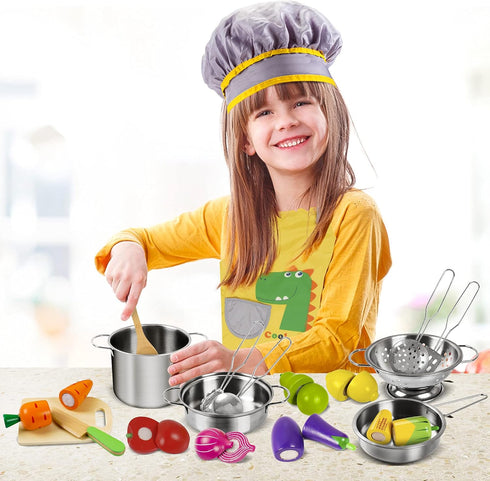 Set Playset Sundaymot Play Kitchen Accessories, Wooden Play Food, Cooking with Stainless Steel Cookware Pots and Pans