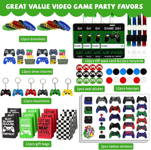 146 Pcs Video Game Party Favors, Gamer Party Favors for Boys - VIP Passes, Lanyards, Bracelets, Keychains, and More