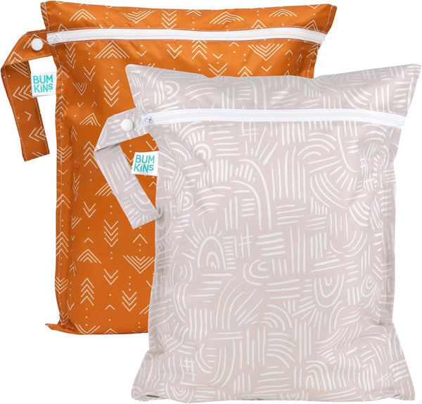 Bumkins Waterproof Wet Bag for Baby, Travel Swim Suit Cloth Diapers, Zip Reusable Bag, 2-pk Desert Boho