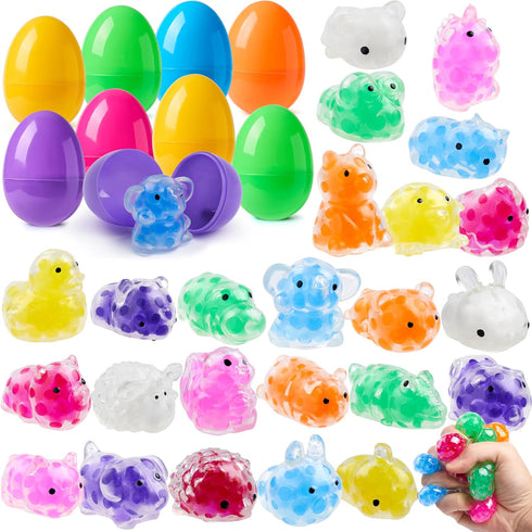 24 JOYIN Pcs Easter Prefilled Eggs with Mochi Squishy Toy, Squeeze Toy Fillers for Easter Egg Hunt, Basket Stuffers