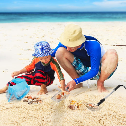 2 Pack 21.8in~34in Biggun Shark Tooth Sifter with Seashell Bags, Adjustable Sand Sifter & Beach Shovel, Beach Sand Toys