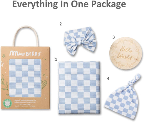 Set, 100% Miaoberry Checkered Muslin Swaddle Organic Cotton, Mist Blue,Checkerboard, Gender-Neutral, with Matching Bow