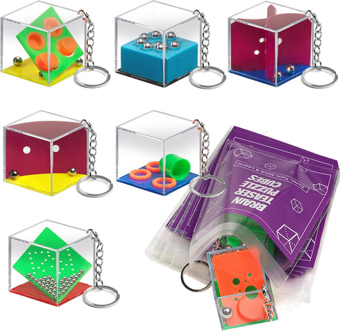 Brain Teaser Puzzle Cubes on Keychain (6 Pack) - Mini Maze Toys