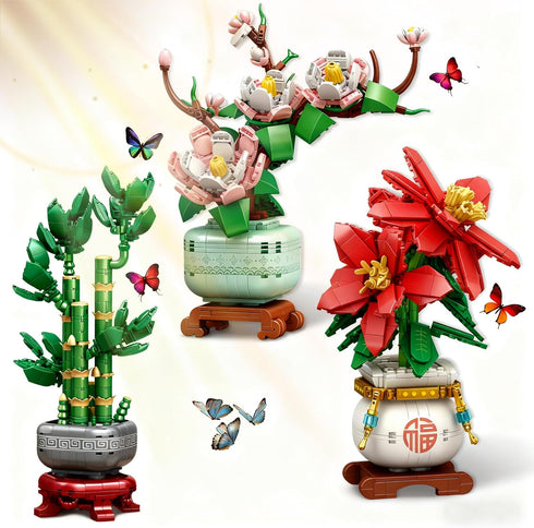 USVillGO Botanicals 3 Bonsai Flowers Building Blocks Set, Lucky Bamboo-Red Poinsettia-Pink Orchid Artificial