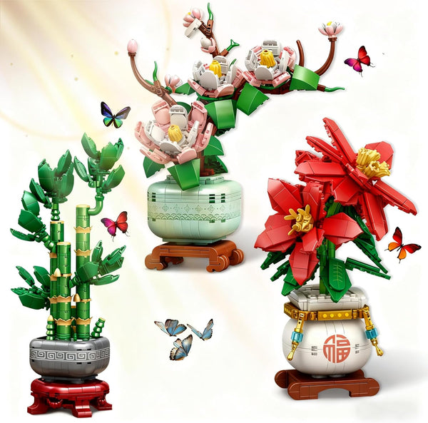 USVillGO Botanicals 3 Bonsai Flowers Building Blocks Set, Lucky Bamboo-Red Poinsettia-Pink Orchid Artificial