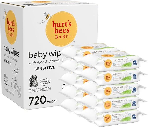 Unscented Natural Baby Wipes by Burt’s Bees - 72 Wipes in 10 Pack for Sensitive Skin with Aloe and Vitamin E