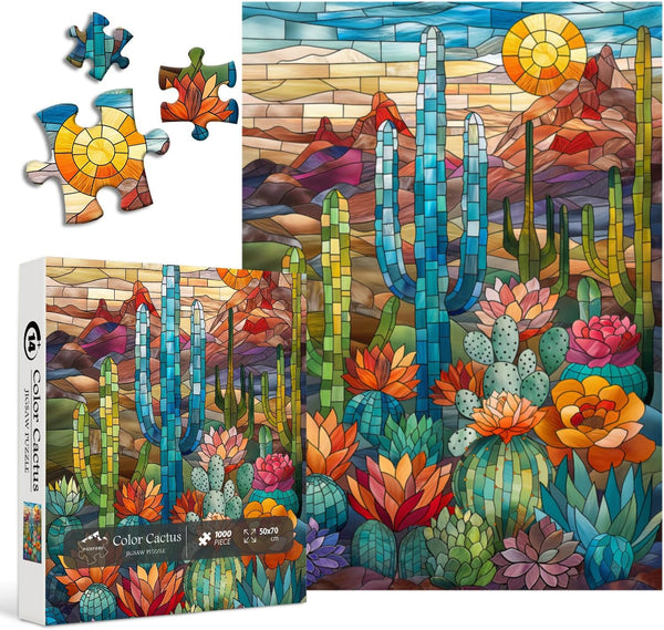 Cactus Puzzles for Adults, 1000 Pieces and up, PICKFORU Stained Glass Puzzle, Colorful Succulent Art