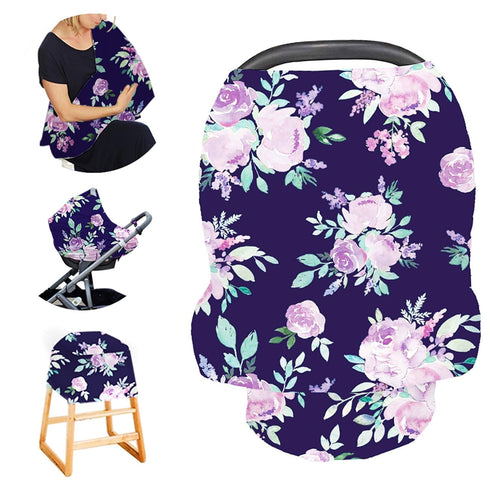 Carseat Cover Girls - Multiuse Nursing Breastfeeding Covers, Purple Flower Theme, Stretchy Soft Breathable Canopy