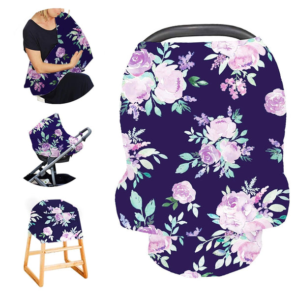 Carseat Cover Girls - Multiuse Nursing Breastfeeding Covers, Purple Flower Theme, Stretchy Soft Breathable Canopy