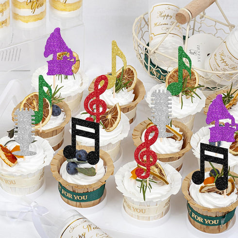 Rsstarxi 24 Pack Cupcake Toppers Glitter Microphone Musical Symbol Cupcake Picks Rock Music Concert Theme Birthday