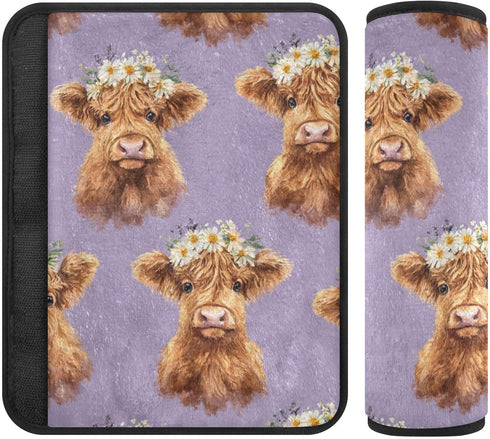 Vdsrup 2 Pack Seat Belt Covers Daisy Crowns Baby Highland Cows Car Seat Strap Covers Super Soft Car Seat Neck Cover