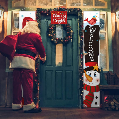 Sumind 3 Pieces Christmas Banner Decorations, Bright Santa Claus Snowman Red Welcome Merry Christmas Porch Sign